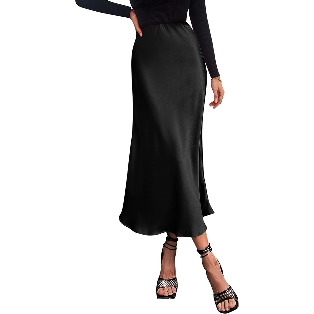 image:imagePRETTYGARDEN Womens Satin Midi Skirts Dressy CasualBlack