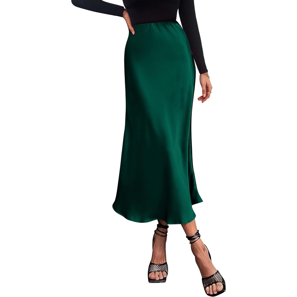image:imagePRETTYGARDEN Womens Satin Midi Skirts Dressy CasualDark Green