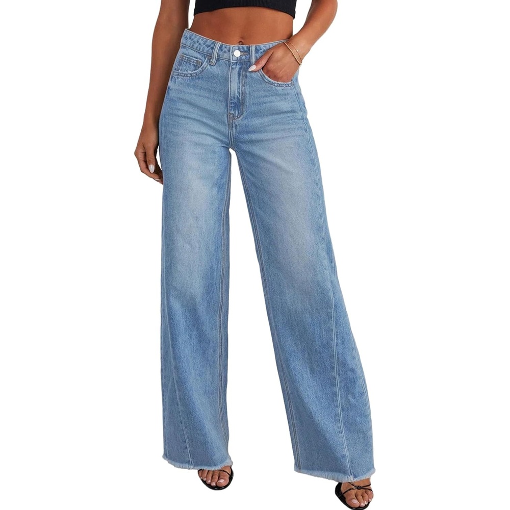 image:imagePRETTYGARDEN Womens Wide Leg Jeans Raw Hem Denim PantsLight Blue