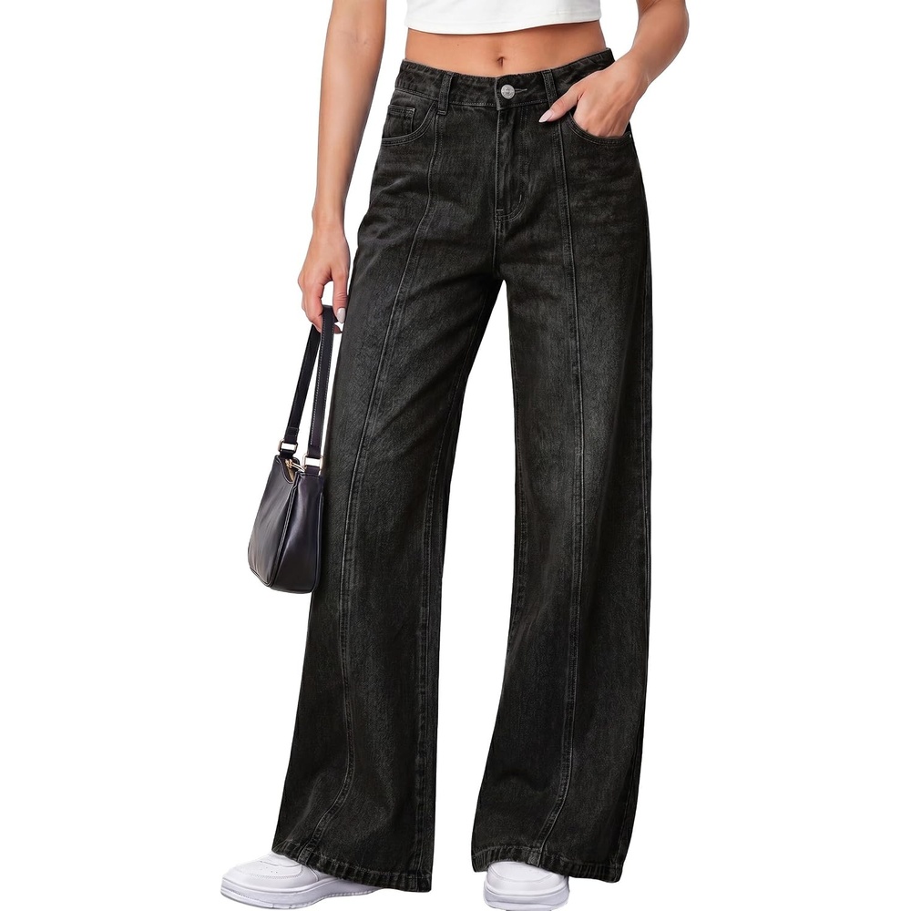 image:imagePRETTYGARDEN Womens Wide Leg Jeans Stretchy Baggy Denim PantsBlack