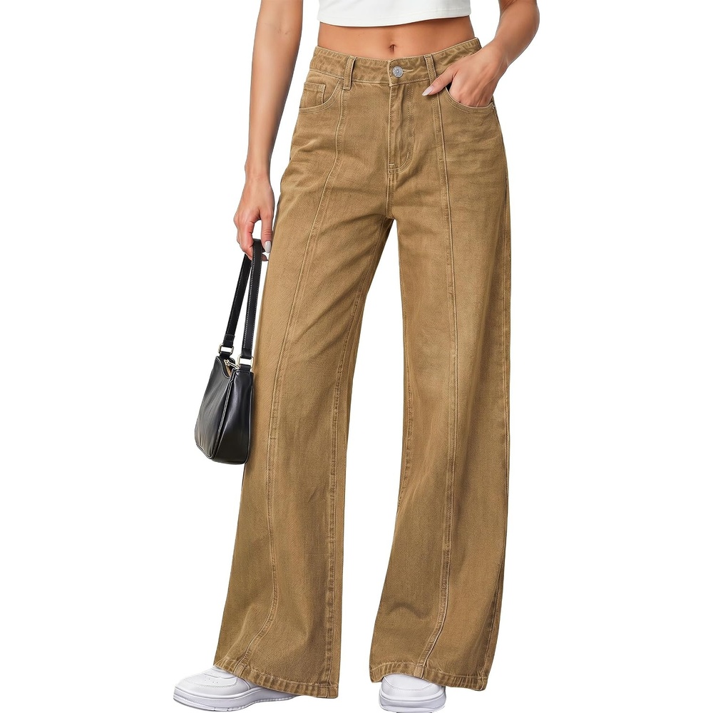 image:imagePRETTYGARDEN Womens Wide Leg Jeans Stretchy Baggy Denim PantsCamel