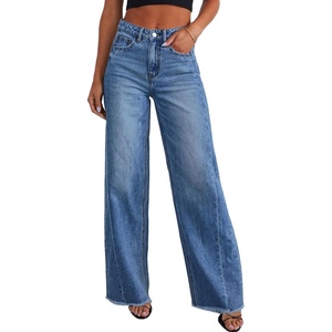 PRETTYGARDEN Women’s Wide Leg Jeans Raw Hem Denim Pants(Dark Blue)