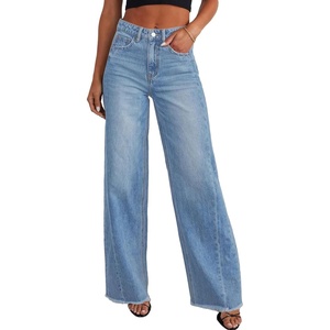 PRETTYGARDEN Women’s Wide Leg Jeans Raw Hem Denim Pants(Light Blue)