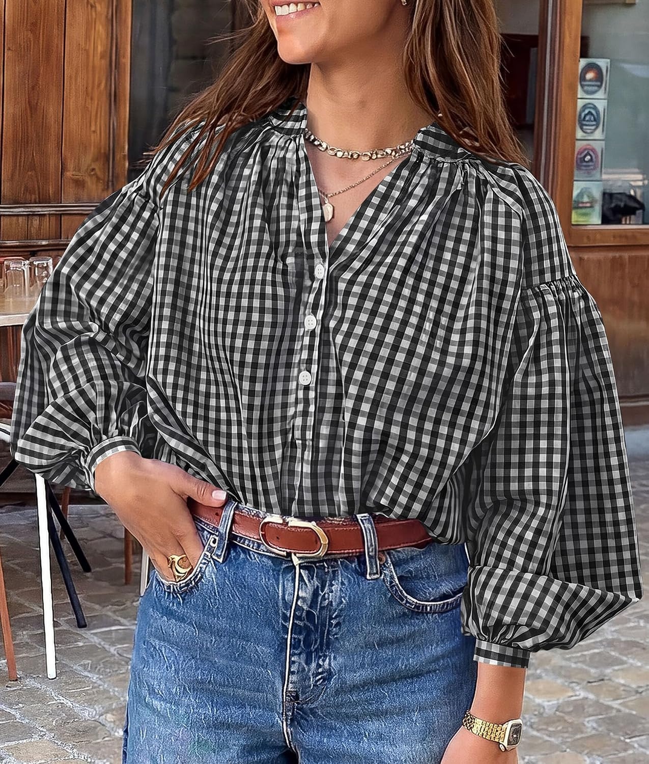 image:imagePRETTYGARDEN Women Fall Plaid Long Puff Sleeve Shirts V Neck Casual BlousesBlack
