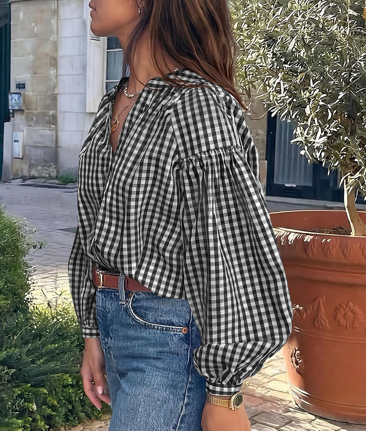 image:imagePRETTYGARDEN Women Fall Plaid Long Puff Sleeve Shirts V Neck Casual BlousesBlack