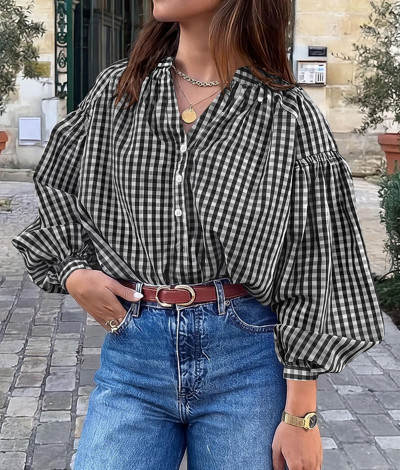 image:imagePRETTYGARDEN Women Fall Plaid Long Puff Sleeve Shirts V Neck Casual BlousesBlack