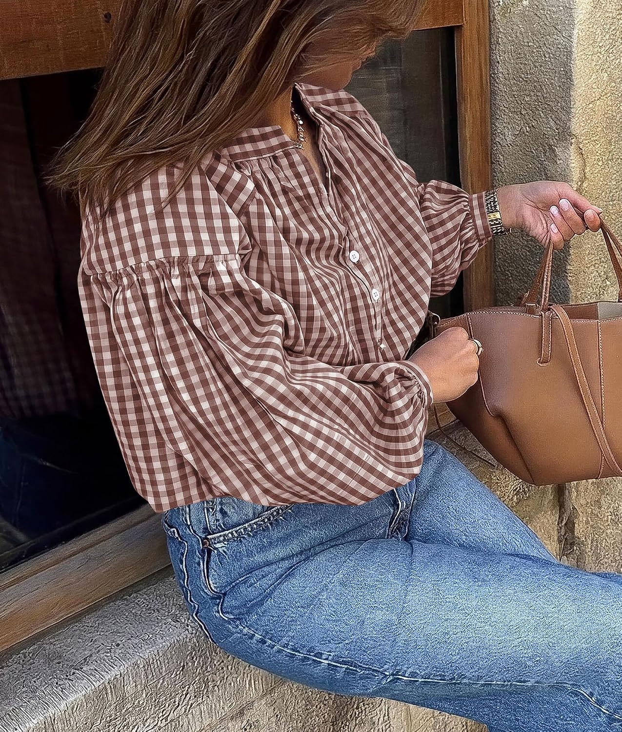 image:imagePRETTYGARDEN Women Fall Plaid Long Puff Sleeve Shirts V Neck Casual BlousesBrown