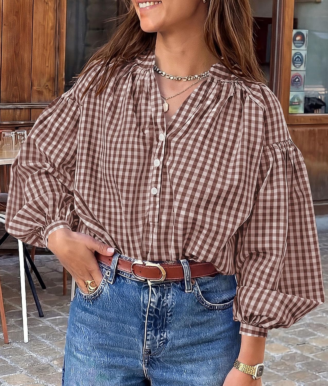 image:imagePRETTYGARDEN Women Fall Plaid Long Puff Sleeve Shirts V Neck Casual BlousesBrown
