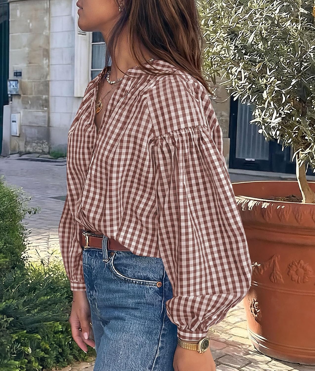 image:imagePRETTYGARDEN Women Fall Plaid Long Puff Sleeve Shirts V Neck Casual BlousesBrown