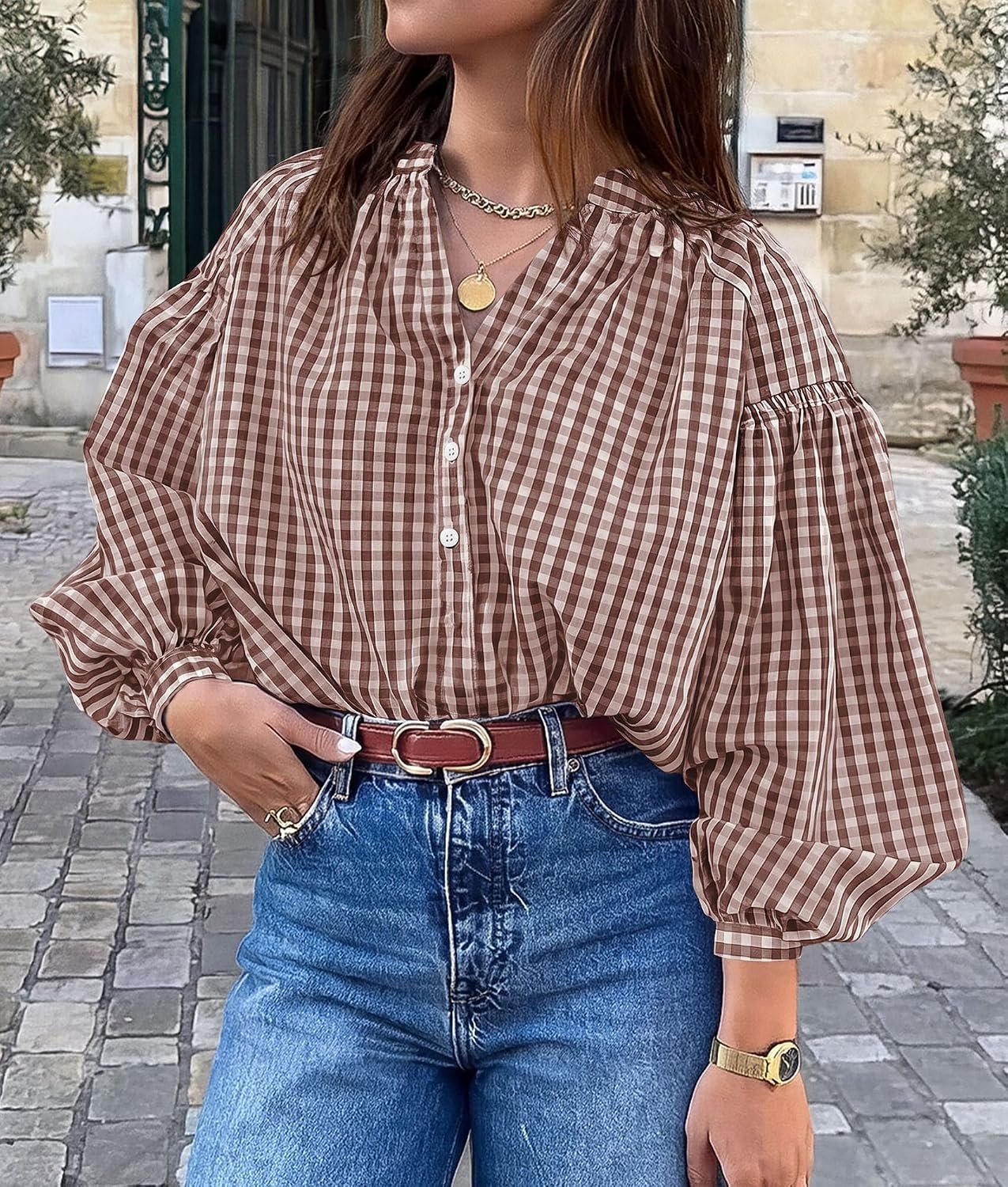 image:imagePRETTYGARDEN Women Fall Plaid Long Puff Sleeve Shirts V Neck Casual BlousesBrown