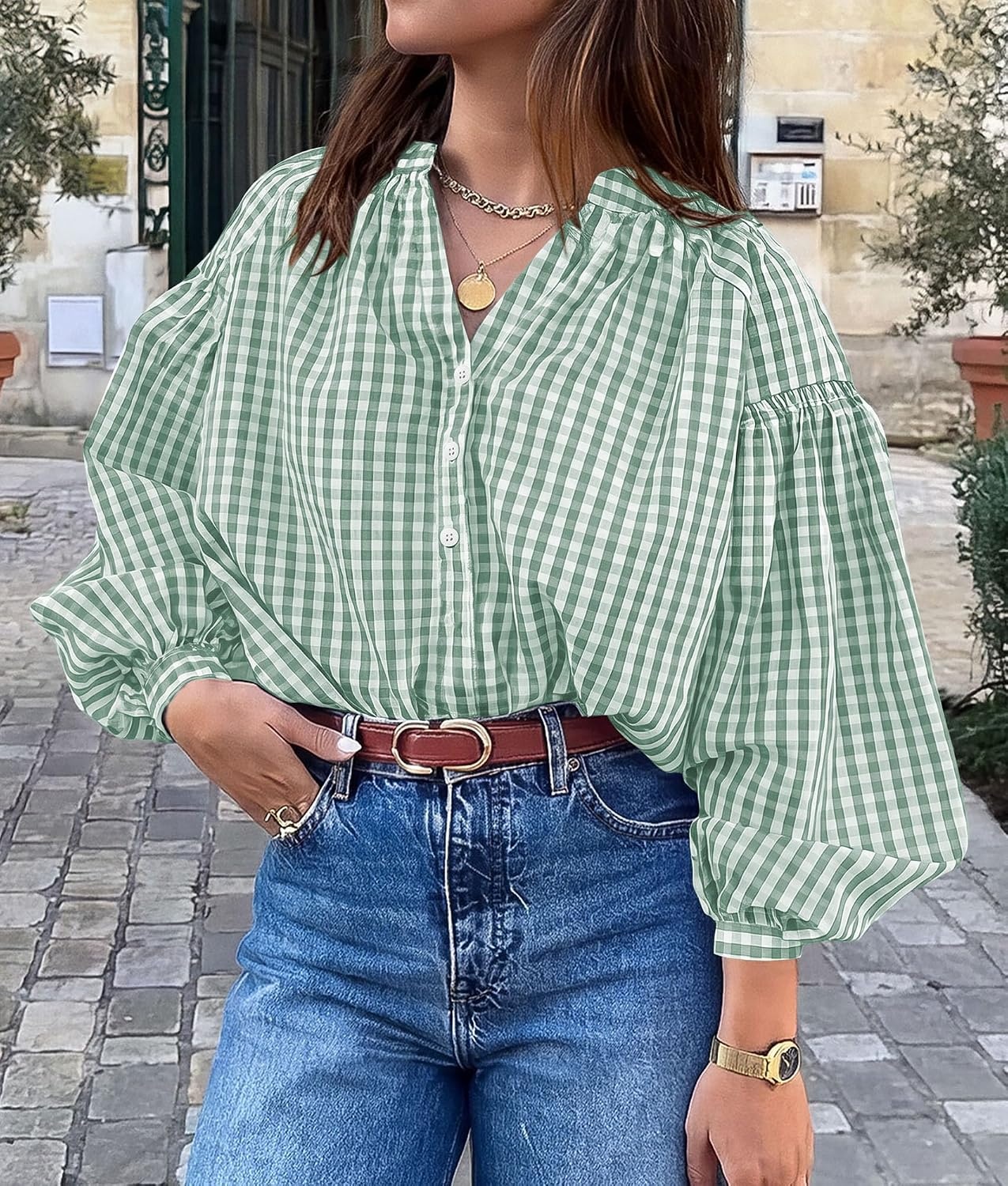 image:imagePRETTYGARDEN Women Fall Plaid Long Puff Sleeve Shirts V Neck Casual BlousesGrey Green