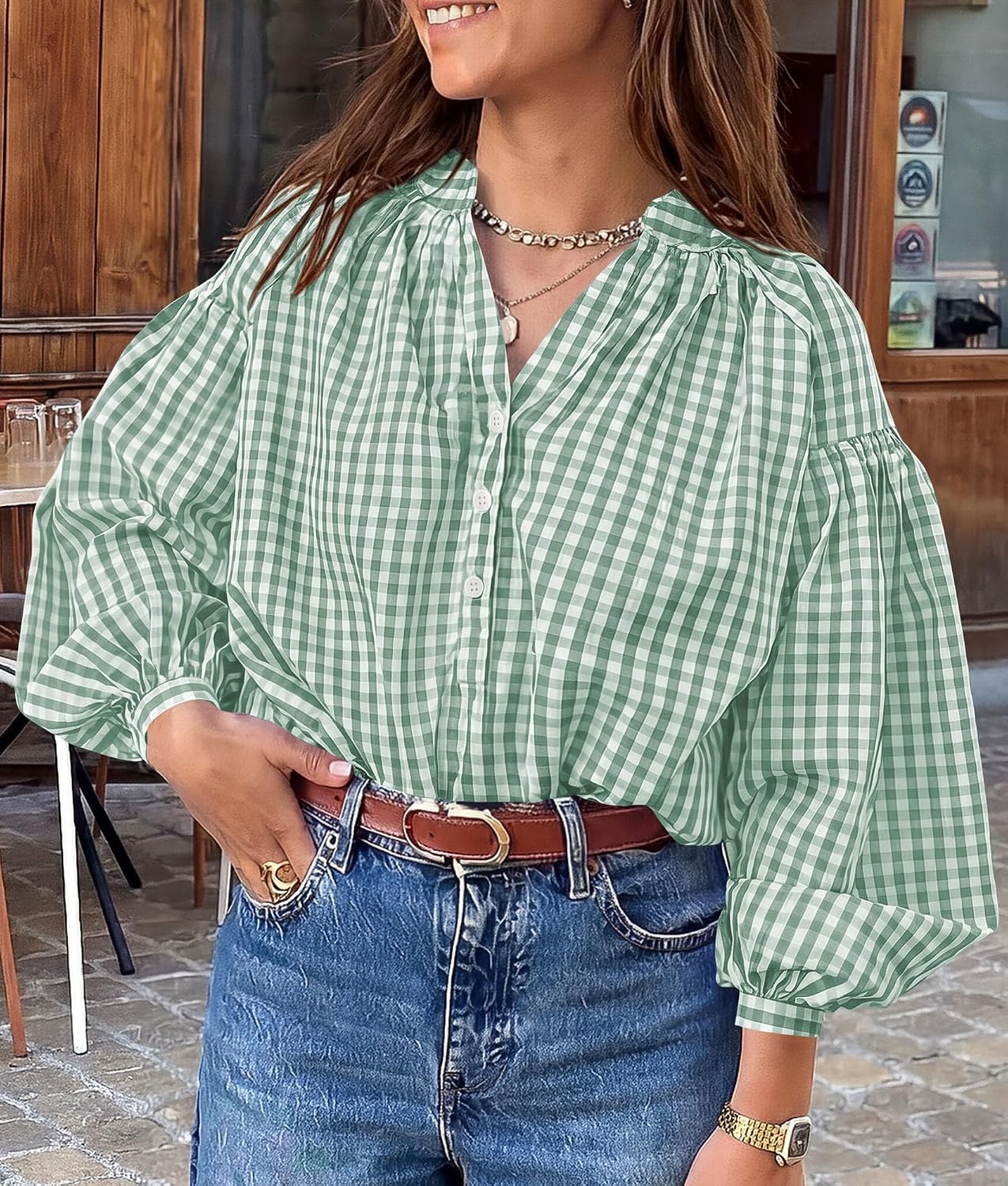 image:imagePRETTYGARDEN Women Fall Plaid Long Puff Sleeve Shirts V Neck Casual BlousesGrey Green