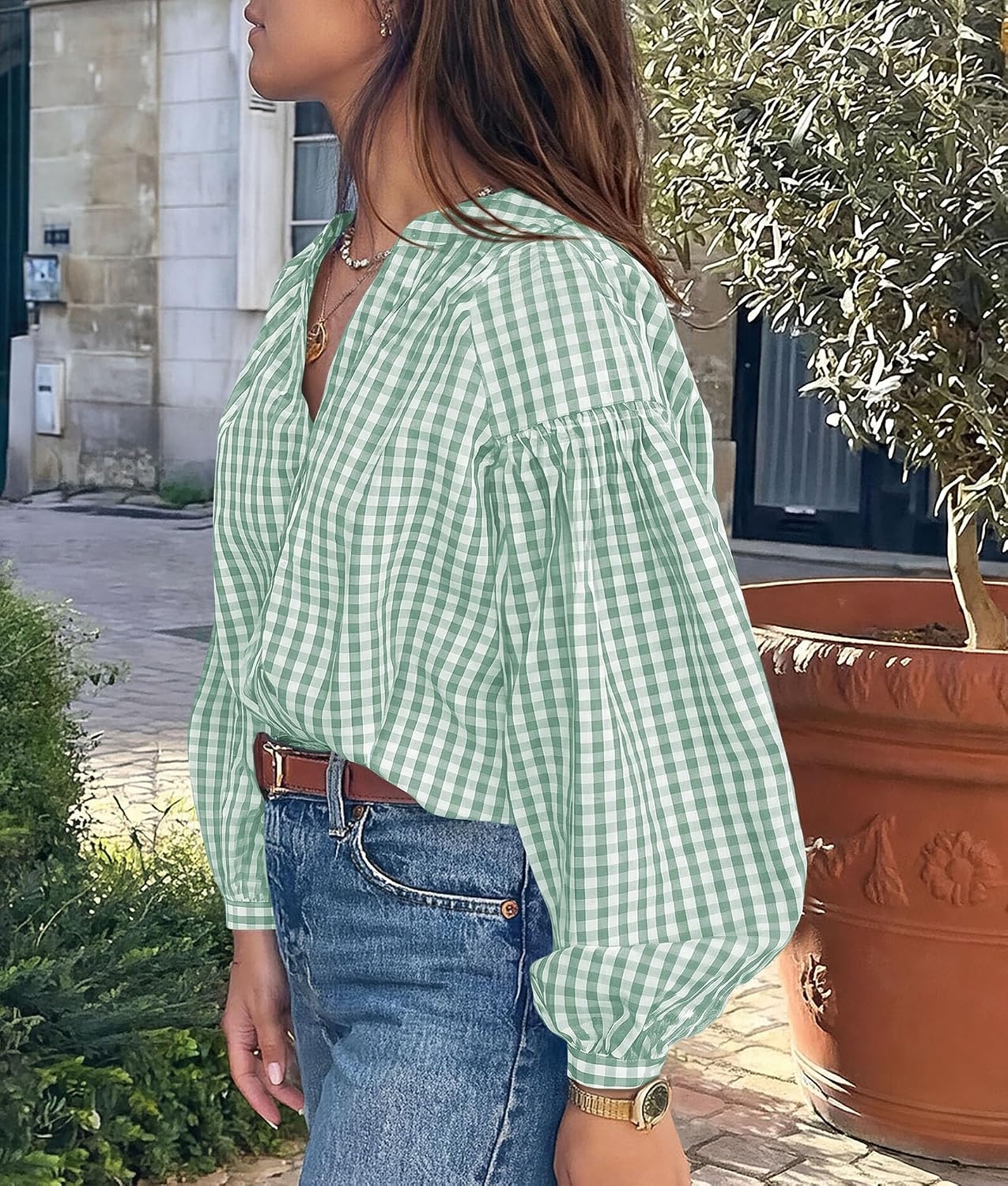image:imagePRETTYGARDEN Women Fall Plaid Long Puff Sleeve Shirts V Neck Casual BlousesGrey Green