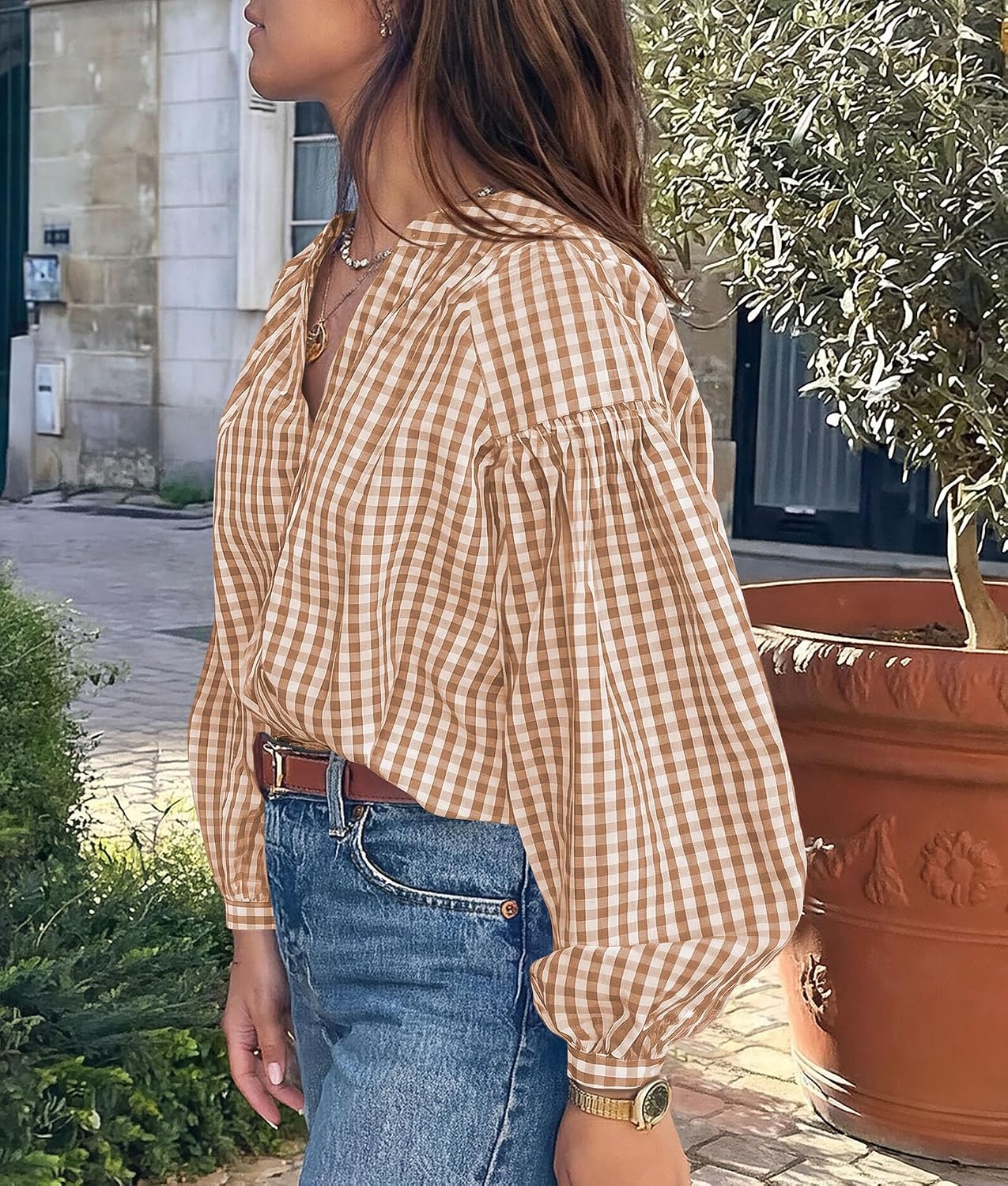 image:imagePRETTYGARDEN Women Fall Plaid Long Puff Sleeve Shirts V Neck Casual BlousesGrey Khaki