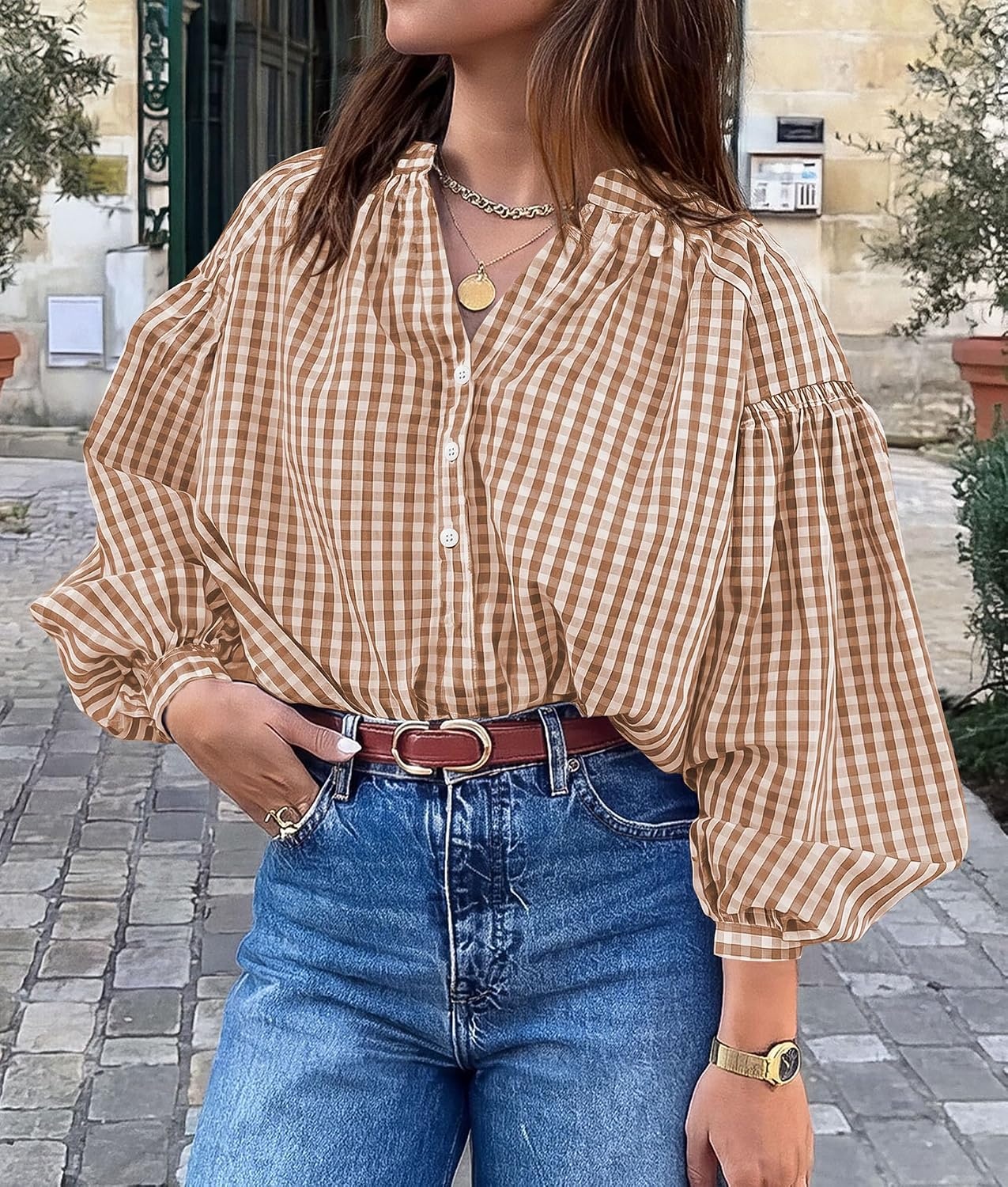 image:imagePRETTYGARDEN Women Fall Plaid Long Puff Sleeve Shirts V Neck Casual BlousesGrey Khaki
