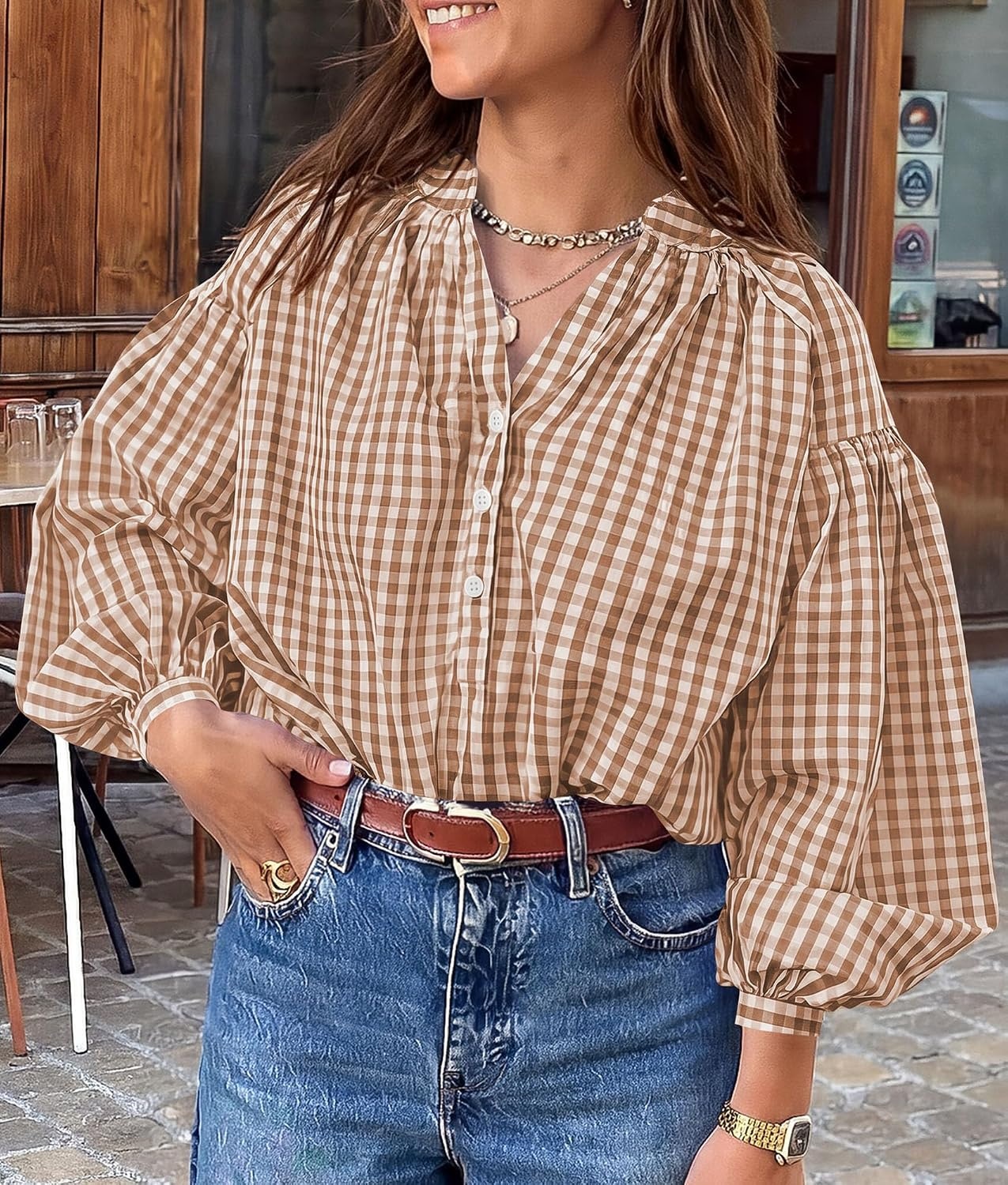 image:imagePRETTYGARDEN Women Fall Plaid Long Puff Sleeve Shirts V Neck Casual BlousesGrey Khaki