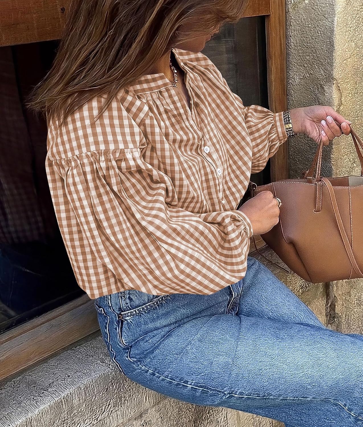 image:imagePRETTYGARDEN Women Fall Plaid Long Puff Sleeve Shirts V Neck Casual BlousesGrey Khaki