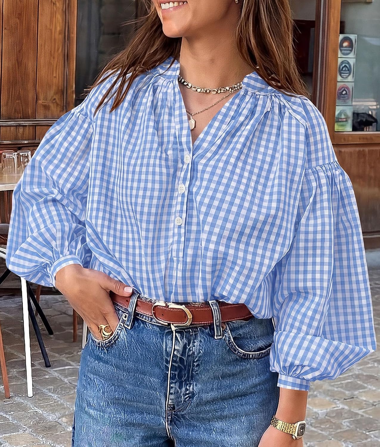image:imagePRETTYGARDEN Women Fall Plaid Long Puff Sleeve Shirts V Neck Casual BlousesLight Blue