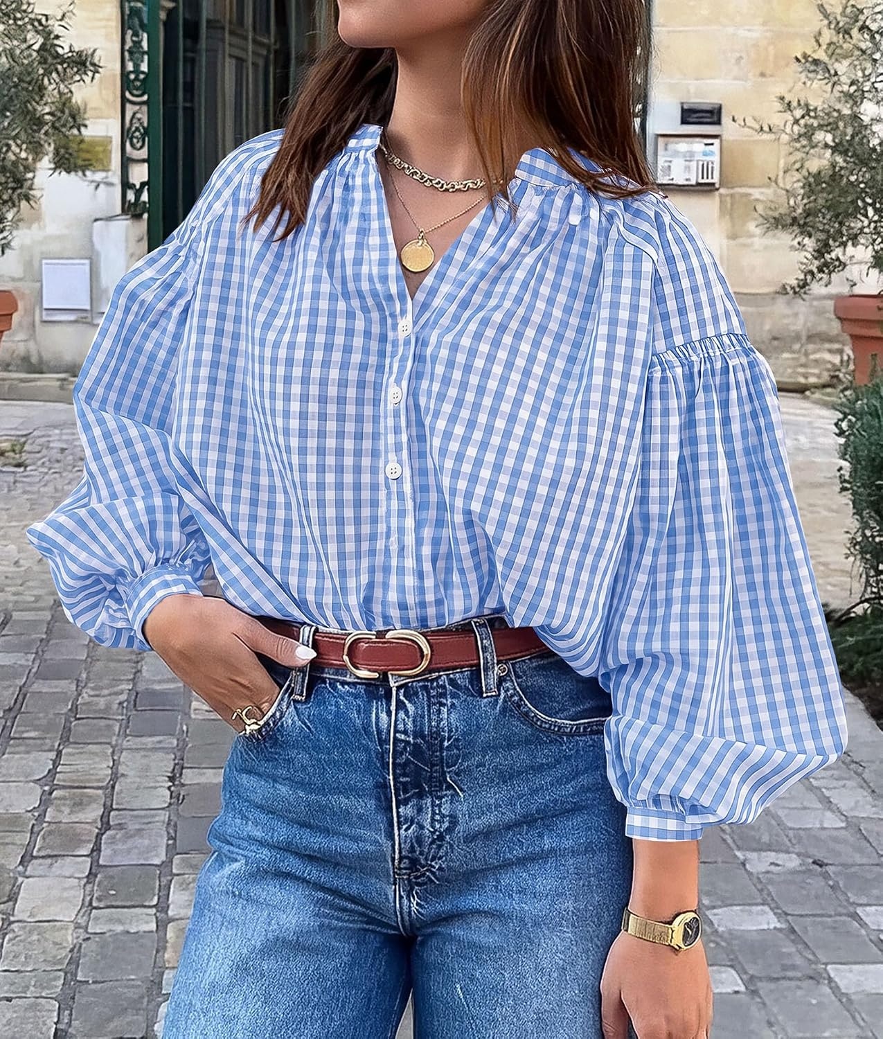 image:imagePRETTYGARDEN Women Fall Plaid Long Puff Sleeve Shirts V Neck Casual BlousesLight Blue