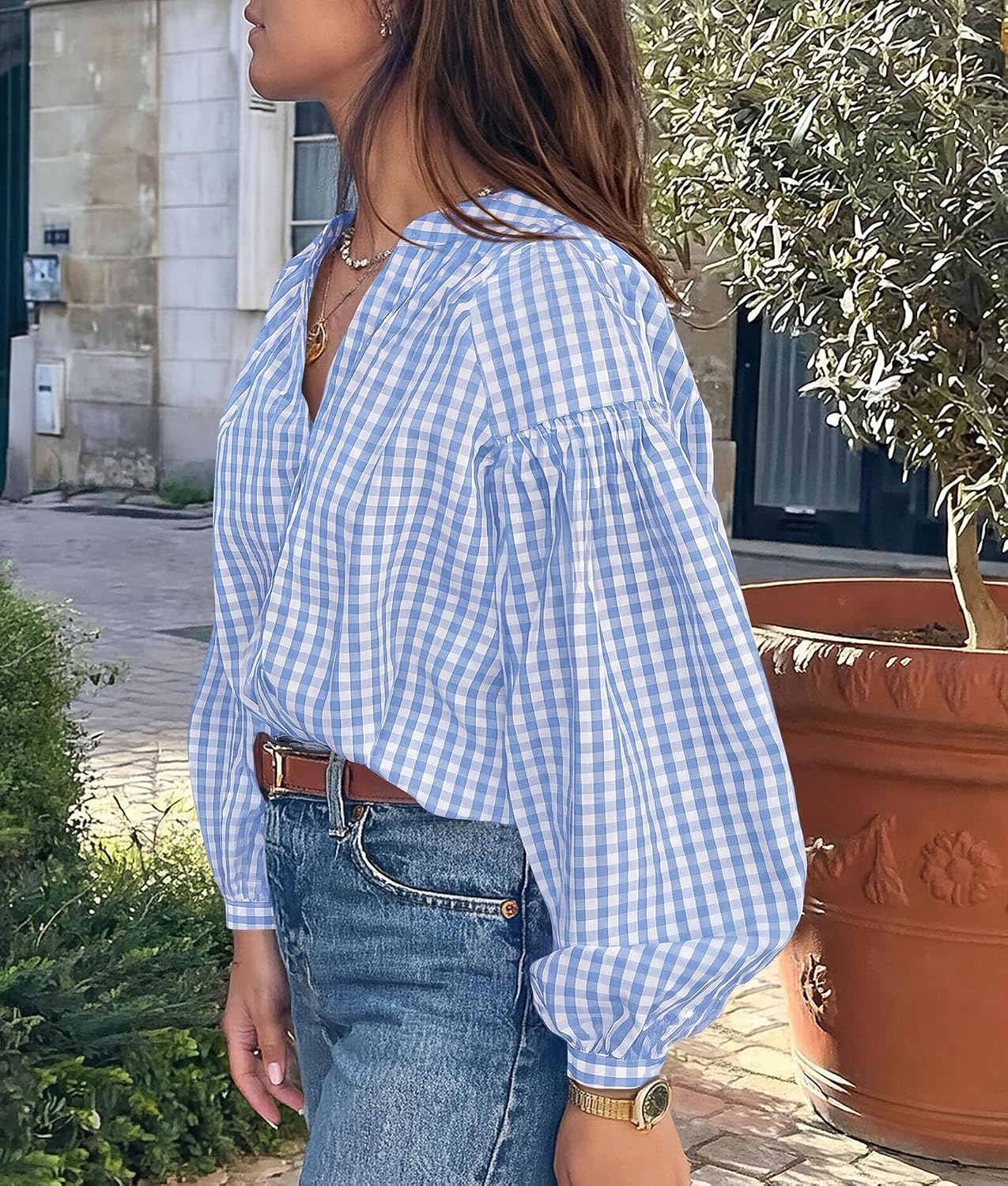 image:imagePRETTYGARDEN Women Fall Plaid Long Puff Sleeve Shirts V Neck Casual BlousesLight Blue