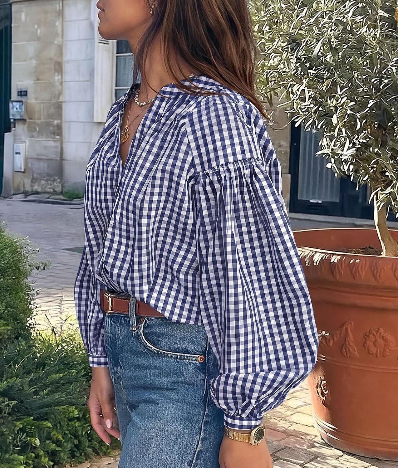 image:imagePRETTYGARDEN Women Fall Plaid Long Puff Sleeve Shirts V Neck Casual BlousesNavy Blue