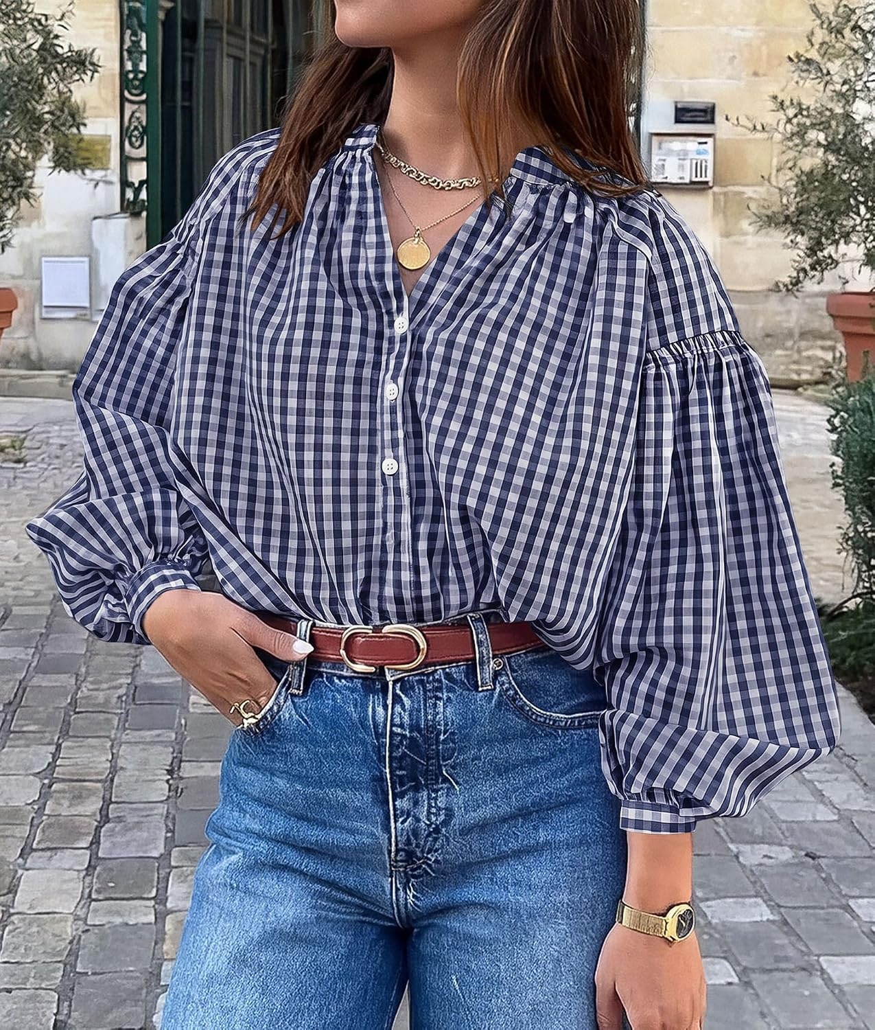 image:imagePRETTYGARDEN Women Fall Plaid Long Puff Sleeve Shirts V Neck Casual BlousesNavy Blue