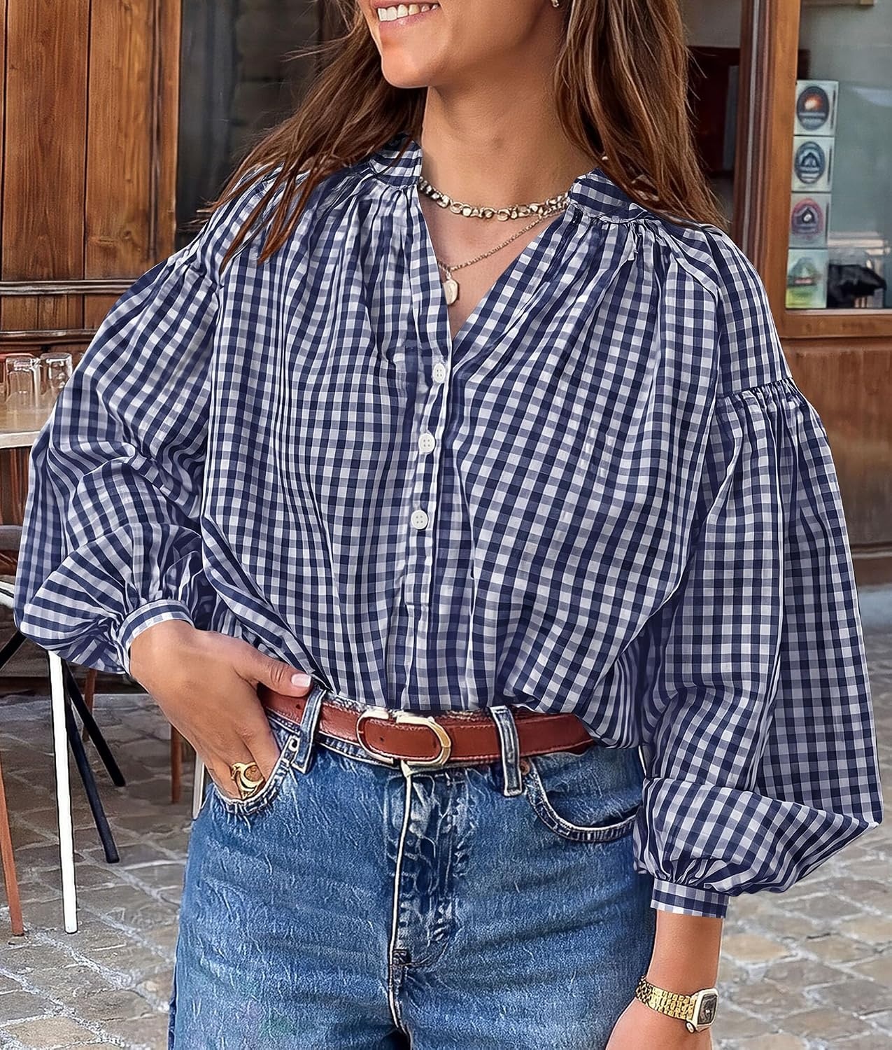 image:imagePRETTYGARDEN Women Fall Plaid Long Puff Sleeve Shirts V Neck Casual BlousesNavy Blue