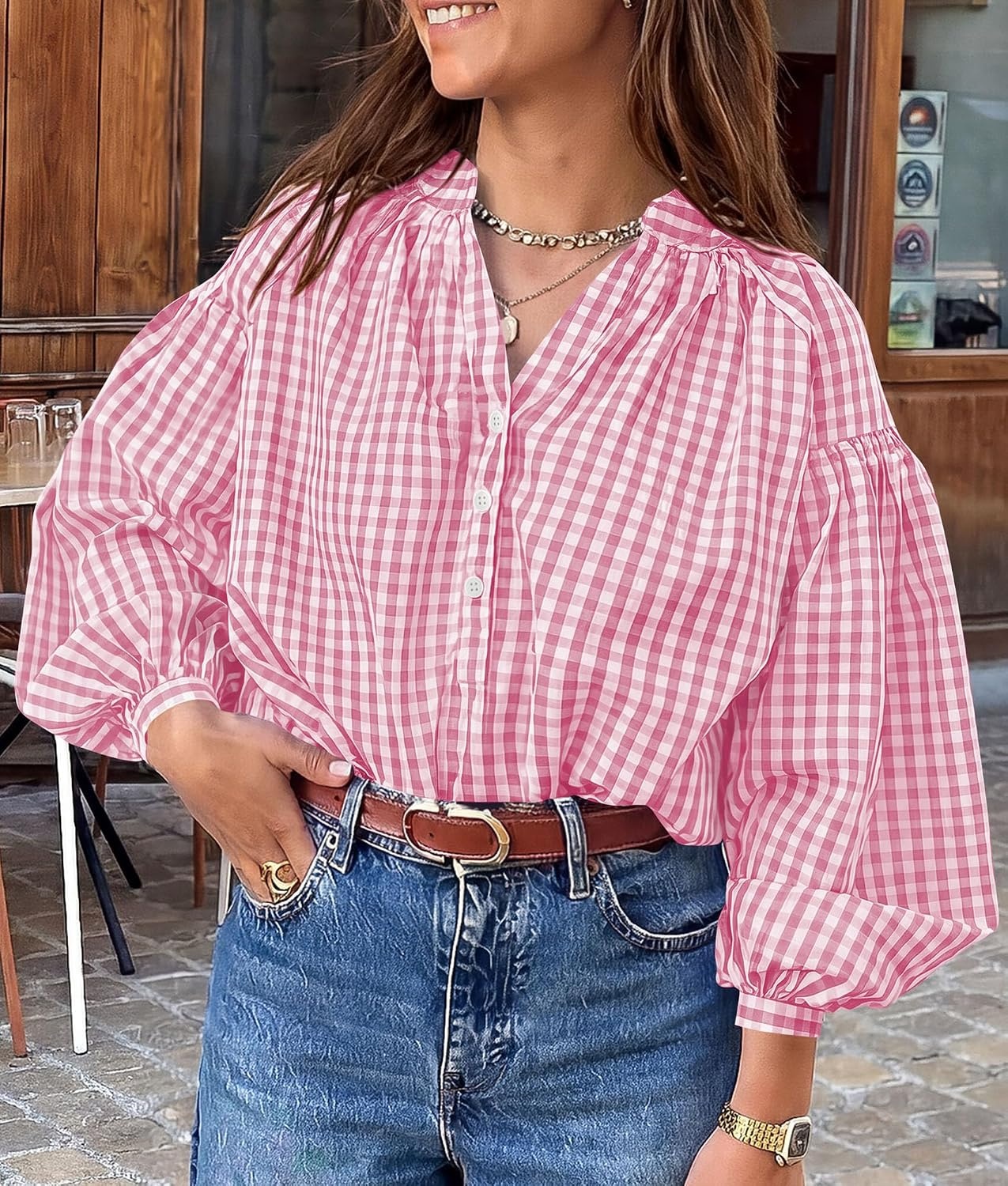 image:imagePRETTYGARDEN Women Fall Plaid Long Puff Sleeve Shirts V Neck Casual BlousesPink