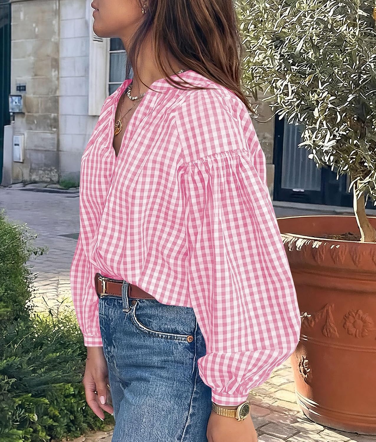 image:imagePRETTYGARDEN Women Fall Plaid Long Puff Sleeve Shirts V Neck Casual BlousesPink