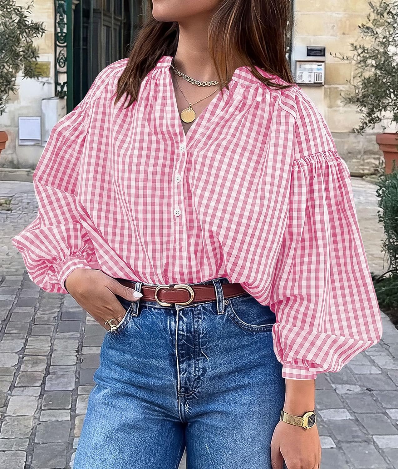 image:imagePRETTYGARDEN Women Fall Plaid Long Puff Sleeve Shirts V Neck Casual BlousesPink