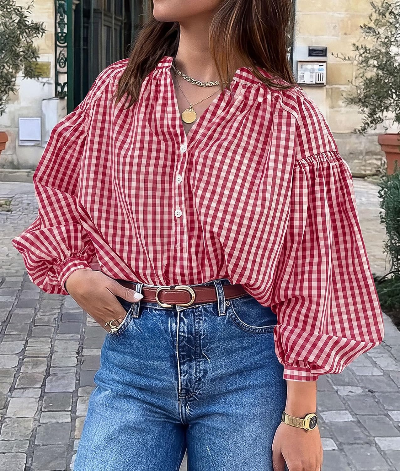 image:imagePRETTYGARDEN Women Fall Plaid Long Puff Sleeve Shirts V Neck Casual BlousesRed