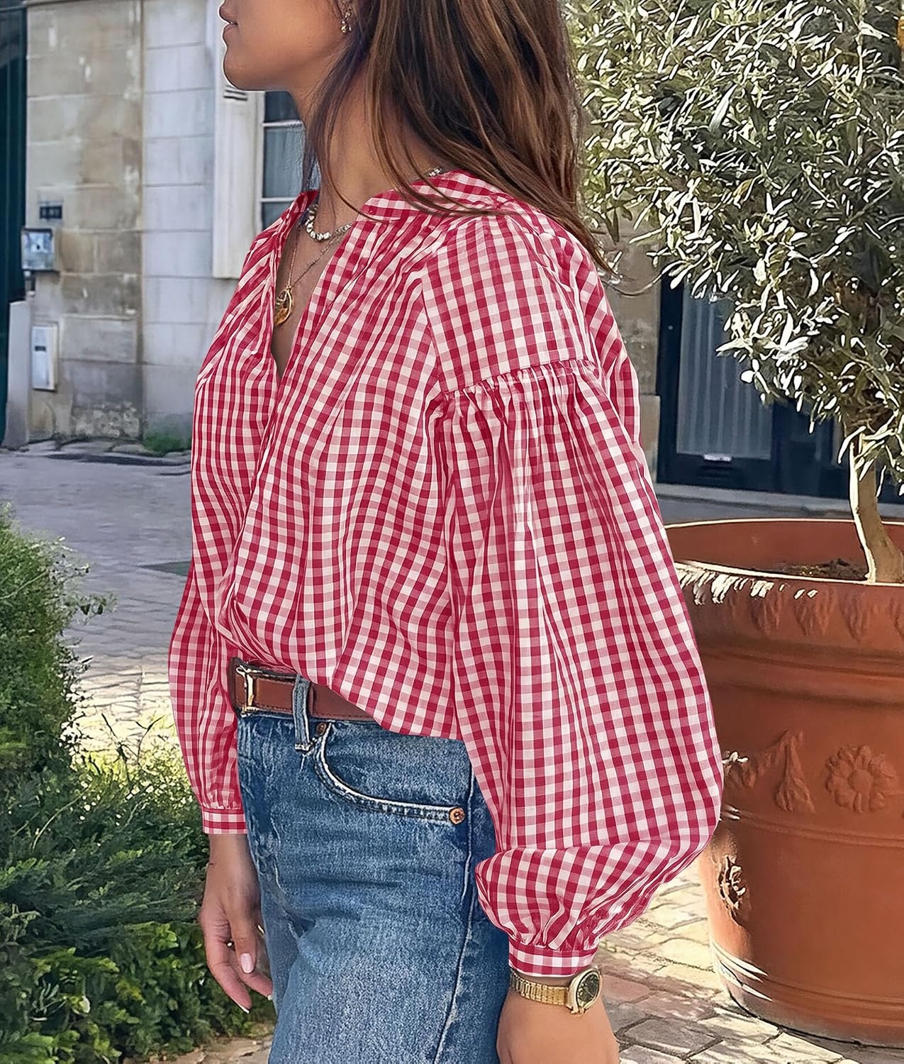 image:imagePRETTYGARDEN Women Fall Plaid Long Puff Sleeve Shirts V Neck Casual BlousesRed