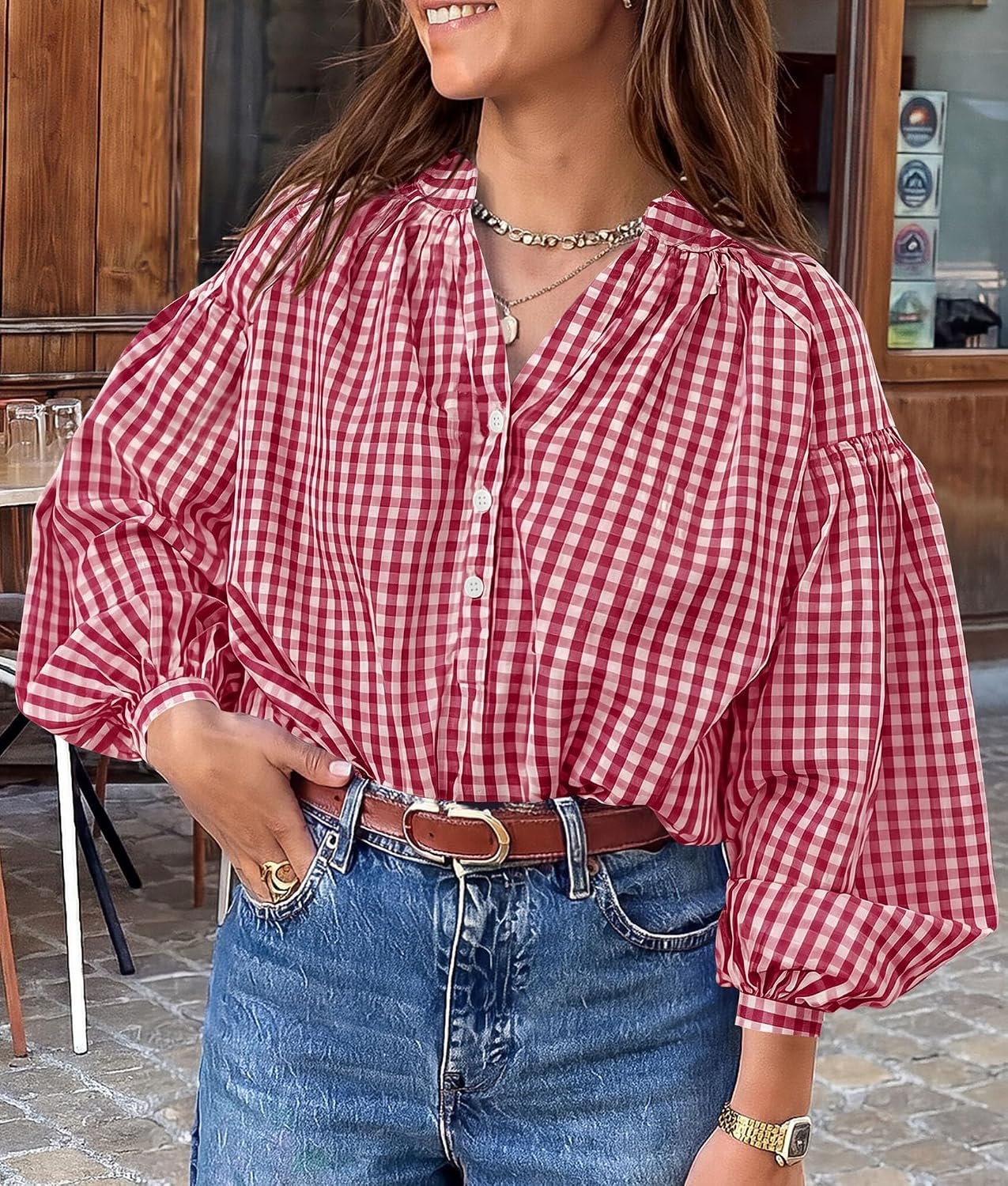image:imagePRETTYGARDEN Women Fall Plaid Long Puff Sleeve Shirts V Neck Casual BlousesRed