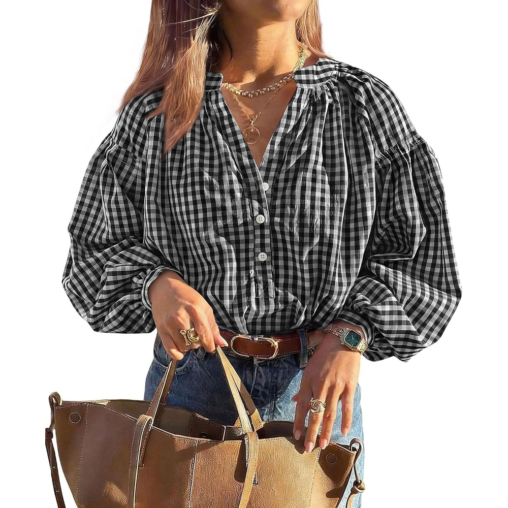 image:imagePRETTYGARDEN Women Fall Plaid Long Puff Sleeve Shirts V Neck Casual BlousesBlack