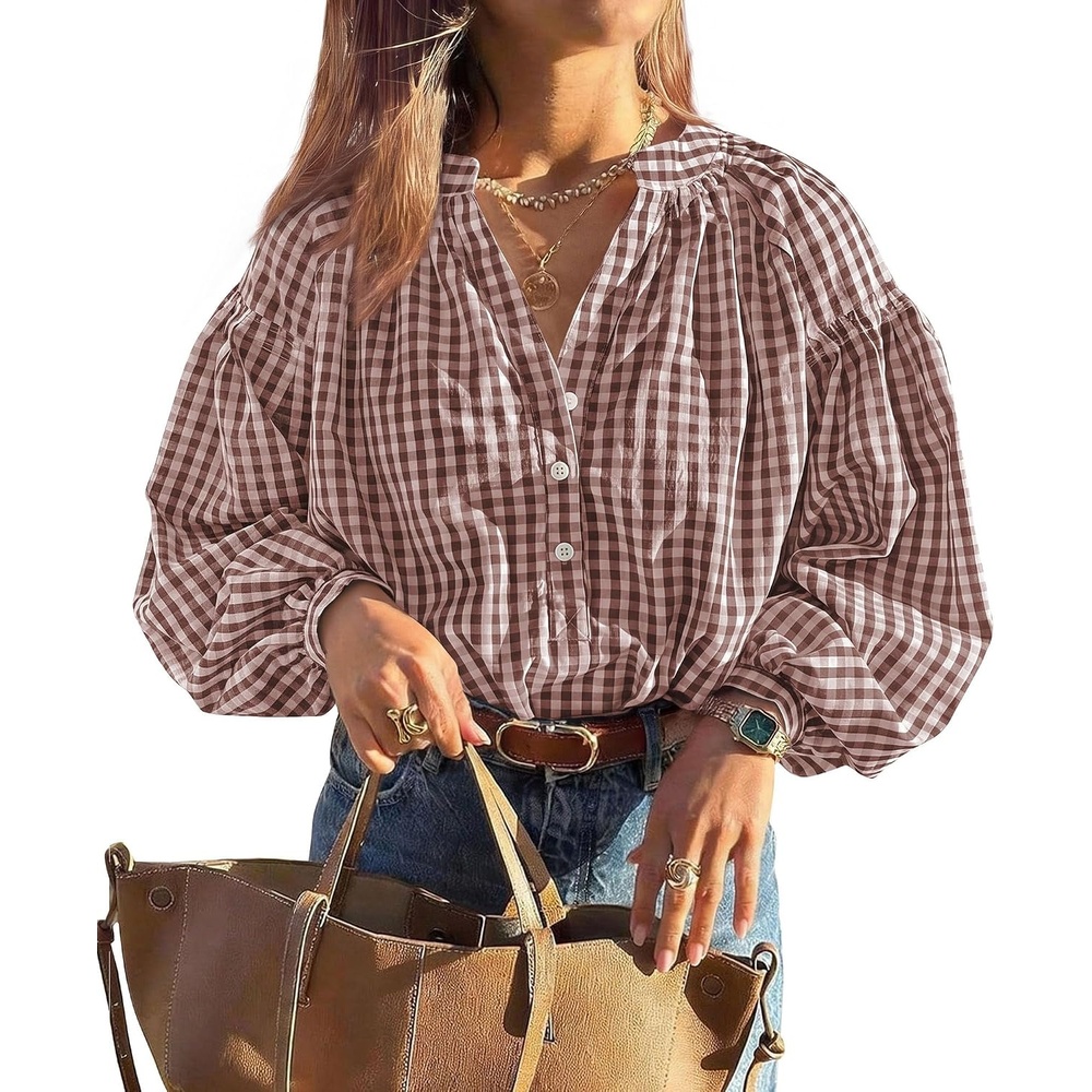 image:imagePRETTYGARDEN Women Fall Plaid Long Puff Sleeve Shirts V Neck Casual BlousesBrown