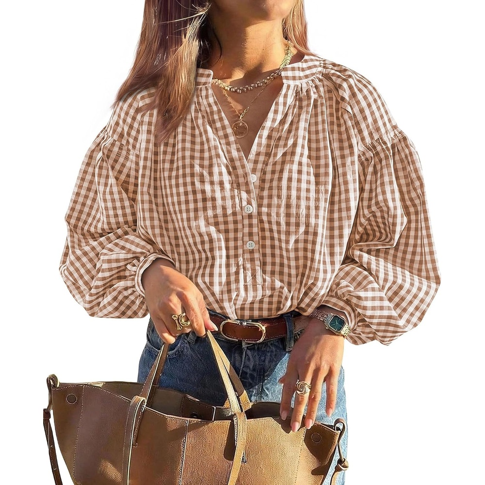 image:imagePRETTYGARDEN Women Fall Plaid Long Puff Sleeve Shirts V Neck Casual BlousesGrey Khaki
