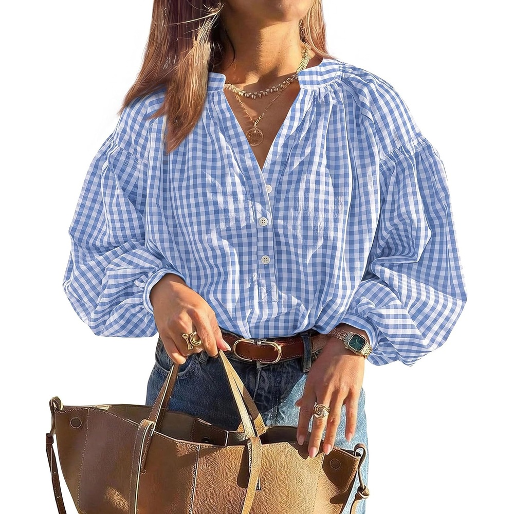 image:imagePRETTYGARDEN Women Fall Plaid Long Puff Sleeve Shirts V Neck Casual BlousesLight Blue