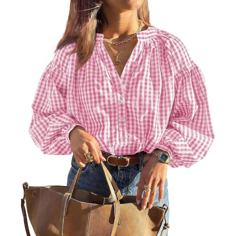 image:imagePRETTYGARDEN Women Fall Plaid Long Puff Sleeve Shirts V Neck Casual BlousesPink