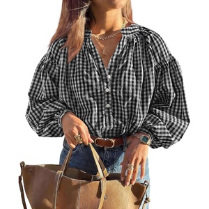 PRETTYGARDEN Women Fall Plaid Long Puff Sleeve Shirts V Neck Casual Blouses(Black)