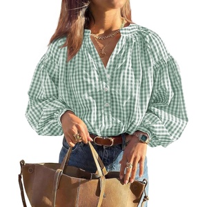 PRETTYGARDEN Women Fall Plaid Long Puff Sleeve Shirts V Neck Casual Blouses(Grey Green)
