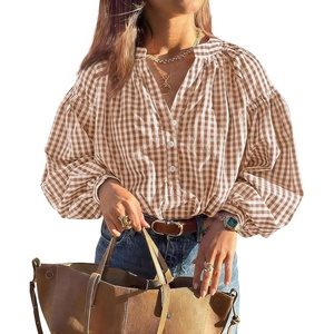 PRETTYGARDEN Women Fall Plaid Long Puff Sleeve Shirts V Neck Casual Blouses(Grey Khaki)