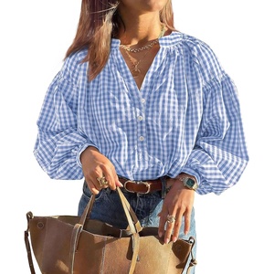 PRETTYGARDEN Women Fall Plaid Long Puff Sleeve Shirts V Neck Casual Blouses(Light Blue)