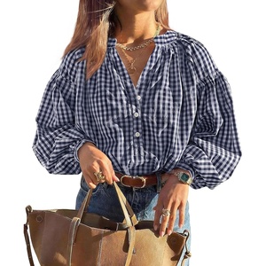PRETTYGARDEN Women Fall Plaid Long Puff Sleeve Shirts V Neck Casual Blouses(Navy Blue)