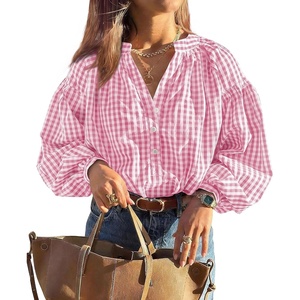 PRETTYGARDEN Women Fall Plaid Long Puff Sleeve Shirts V Neck Casual Blouses(Pink)