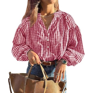 PRETTYGARDEN Women Fall Plaid Long Puff Sleeve Shirts V Neck Casual Blouses(Red)