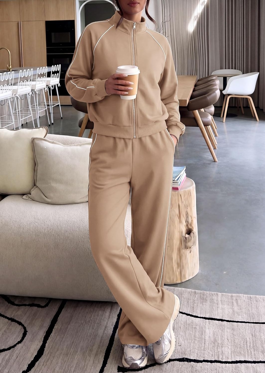 image:imagePRETTYGARDEN Womens 2 Piece Sweat Set Casual Fall OutfitsKhaki