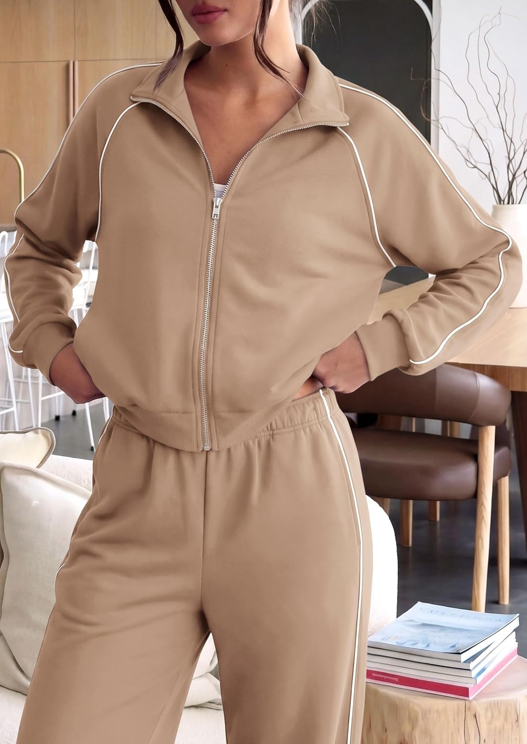 image:imagePRETTYGARDEN Womens 2 Piece Sweat Set Casual Fall OutfitsKhaki