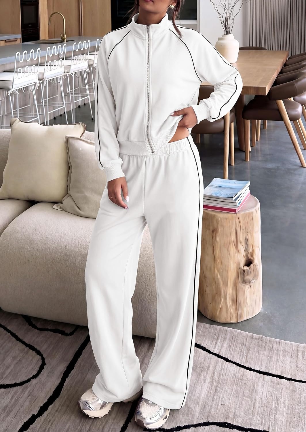 image:imagePRETTYGARDEN Womens 2 Piece Sweat Set Casual Fall OutfitsWhite
