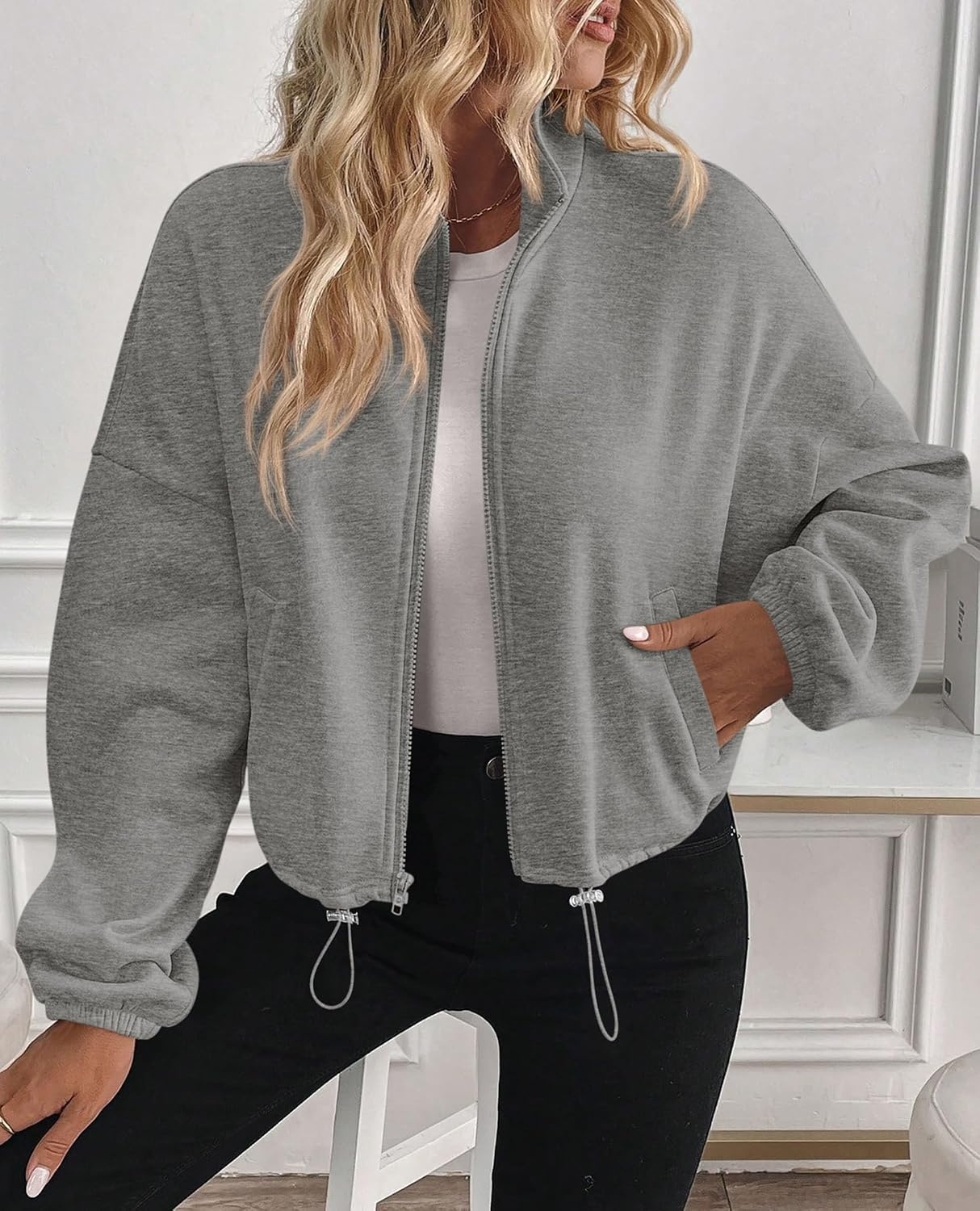 image:imagePRETTYGARDEN Womens Cropped Jacket Zip Up Fleece Sweatshirt Fall OutfitsGrey