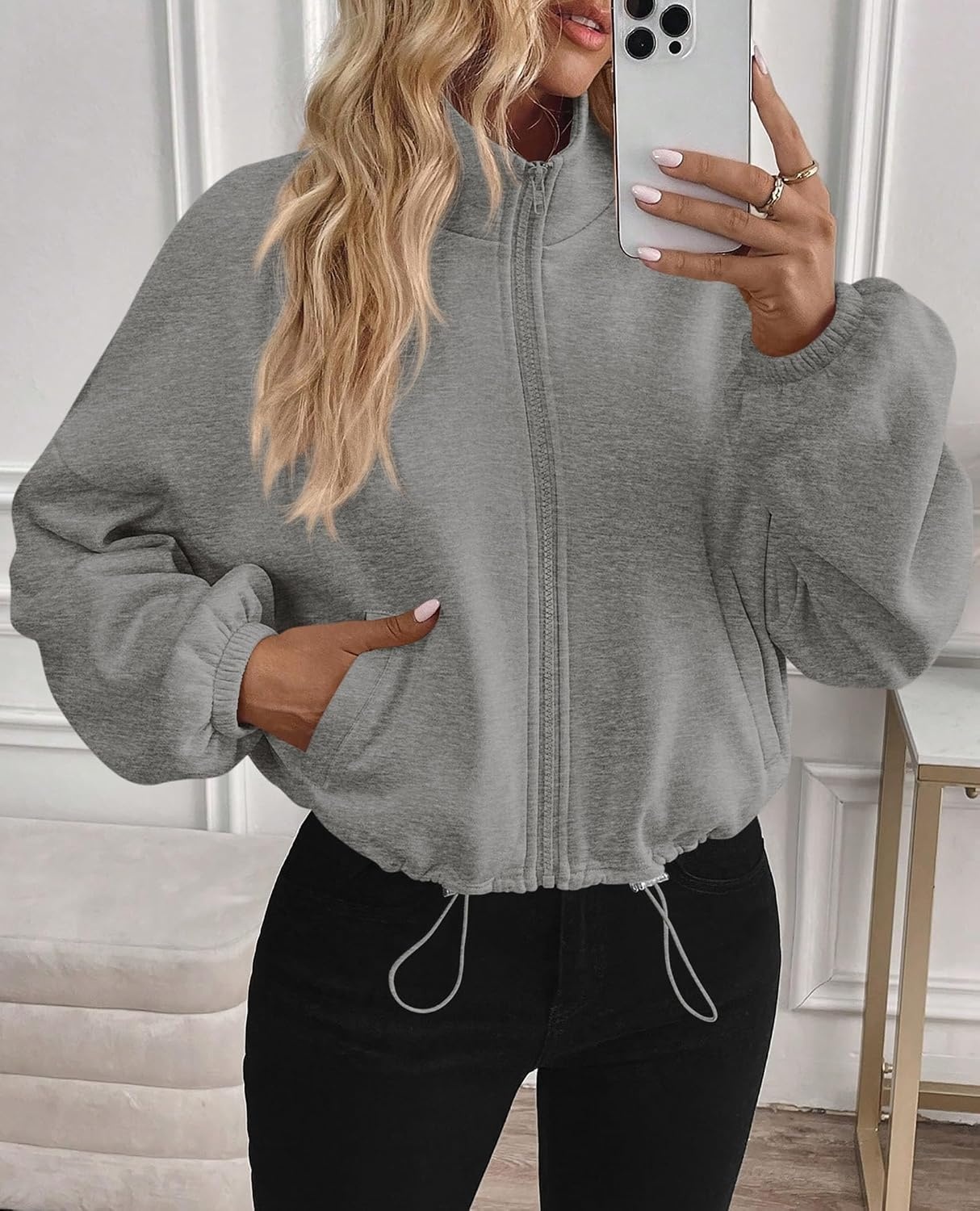 image:imagePRETTYGARDEN Womens Cropped Jacket Zip Up Fleece Sweatshirt Fall OutfitsGrey